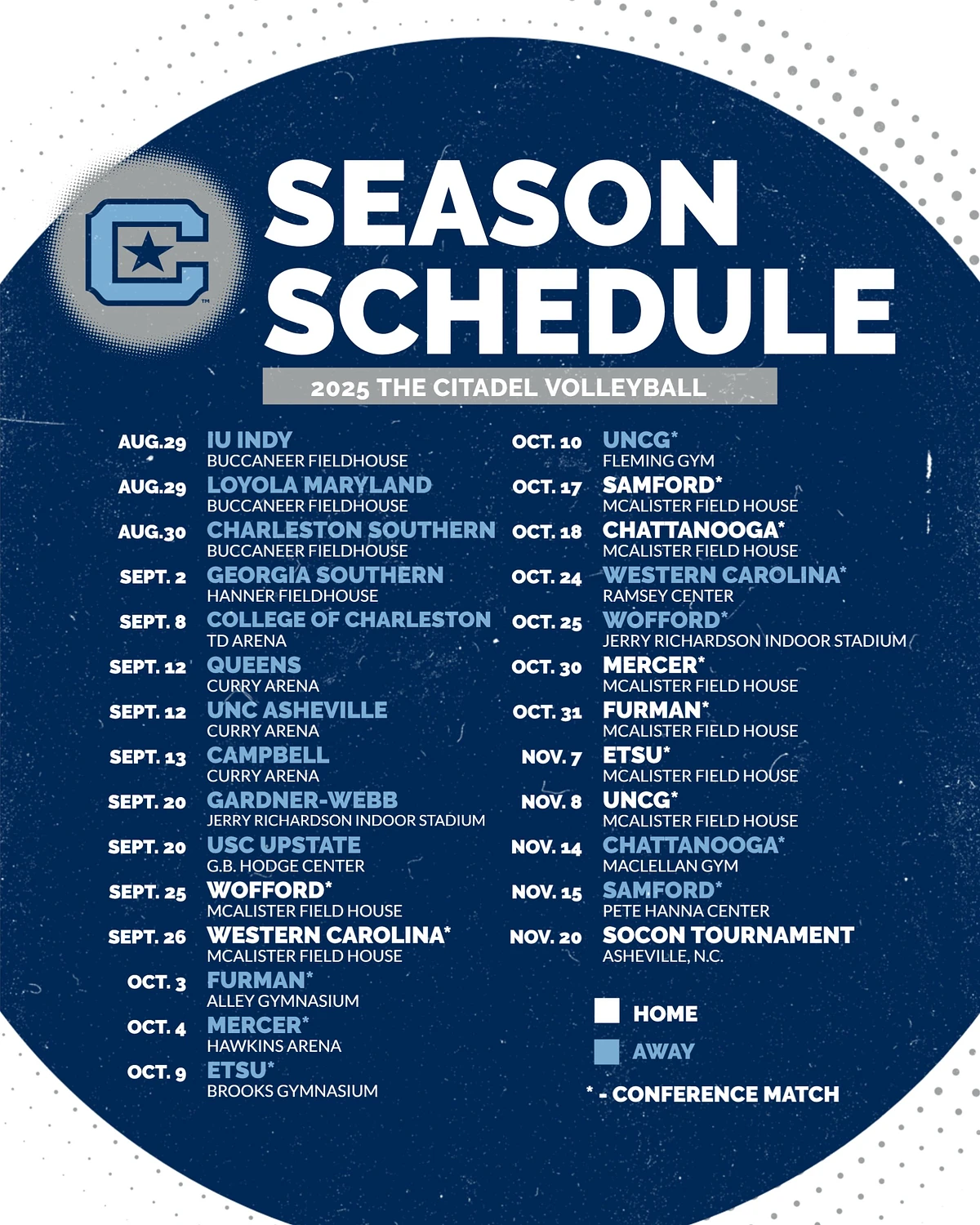The image displays the 2025 season schedule for The Citadel volleyball team, detailing home, away, and conference matches.